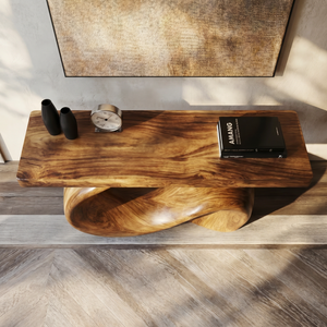 Console Table Solid Wood with Sculptural Wave Base for Entryway Decor