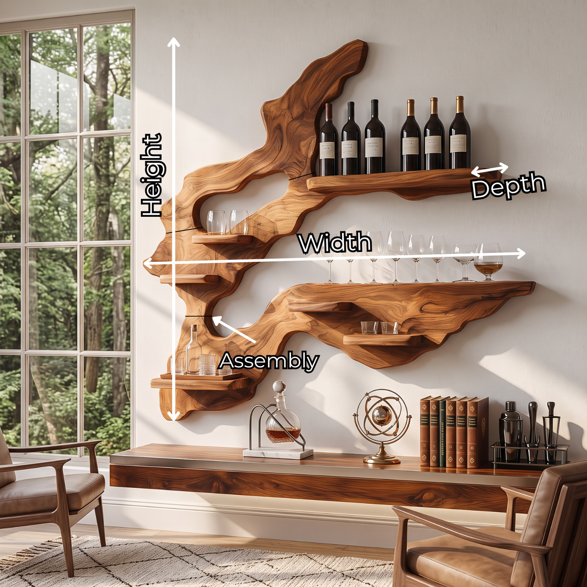 Asymmetrical Root Sculpture Solid Wood Wall Wine Rack with Display Shelves