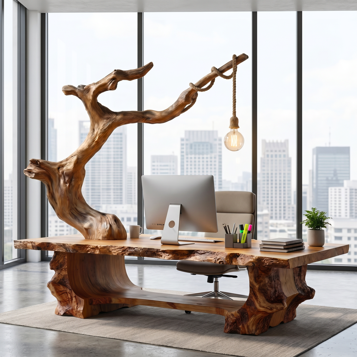Solid Wood Sculptural Desk With Integrated Hanging Lamp Organic Modern Artistic Workspace Table