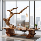 Solid Wood Sculptural Desk With Integrated Hanging Lamp Organic Modern Artistic Workspace Table