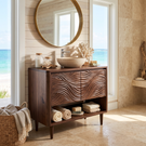 Bathroom Vanity Solid Wood with Carved Ripple Cabinet and Open Shelf for Powder Room