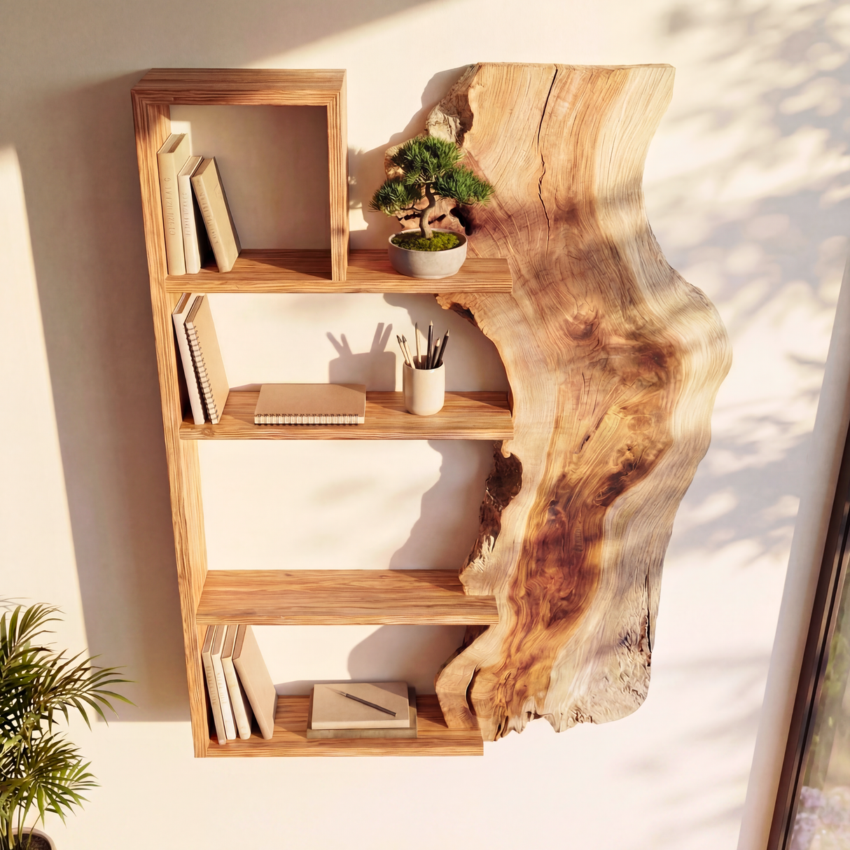 Solid Wood Live Edge Wall Shelf Geometric Frame Multi Tier Floating Storage