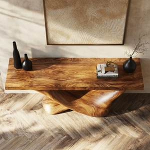 Console Table Solid Wood with Asymmetric Crescent Loop Base for Entryway Decor