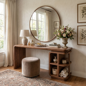 Handmade Solid Wood Vanity Table with Open Cubby Shelves and Waterfall Side
