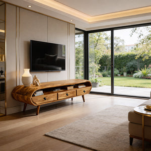 Organic Modern Curved Solid Wood TV Stand Handcrafted Natural Wood Media Console with Drawers