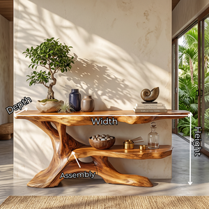 Handcrafted Live Edge Console Table with Sculptural Branch Base and Display Shelf