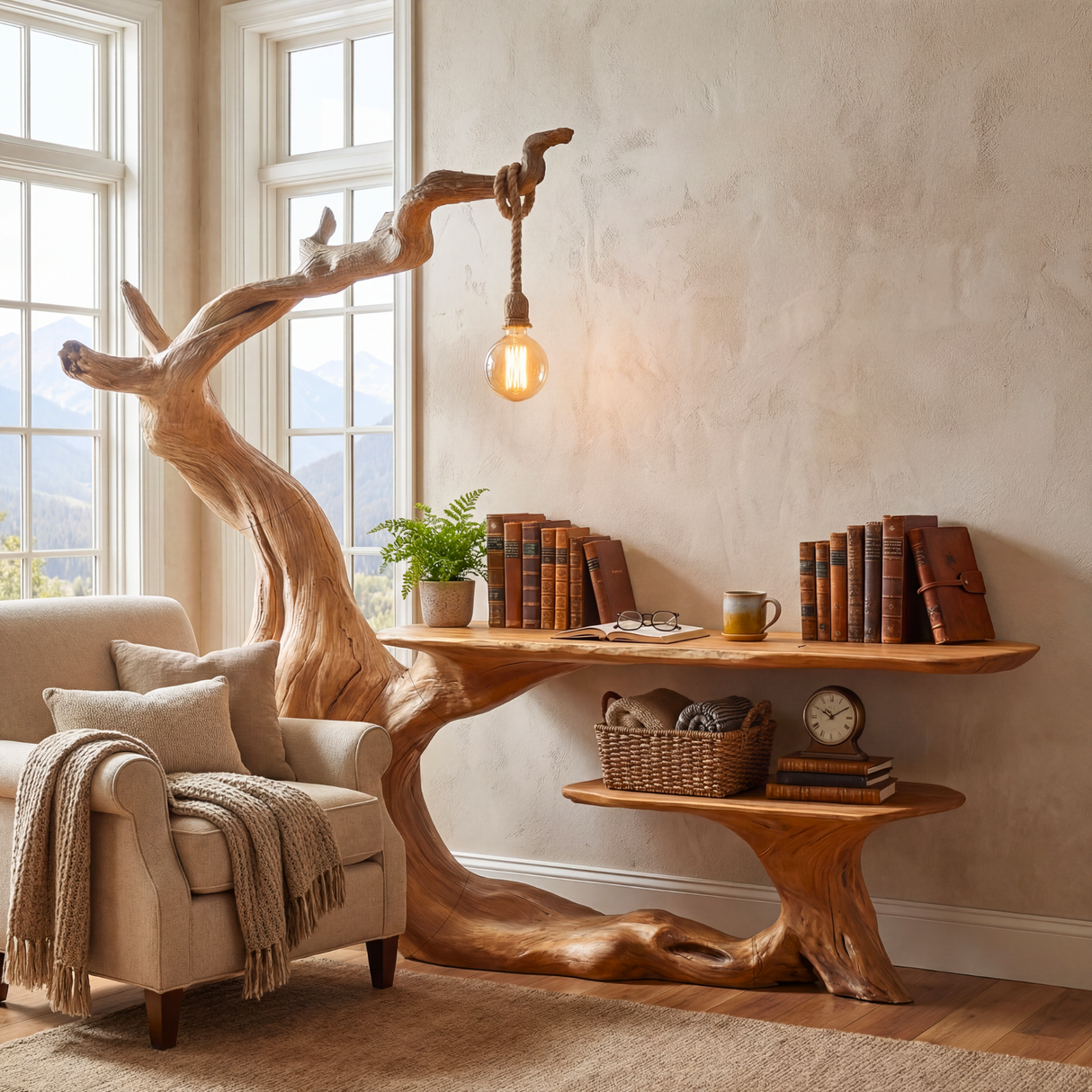 Organic Sculptural Solid Wood Desk with Hanging Light Artistic Tree Form Writing Table Modern Workspace