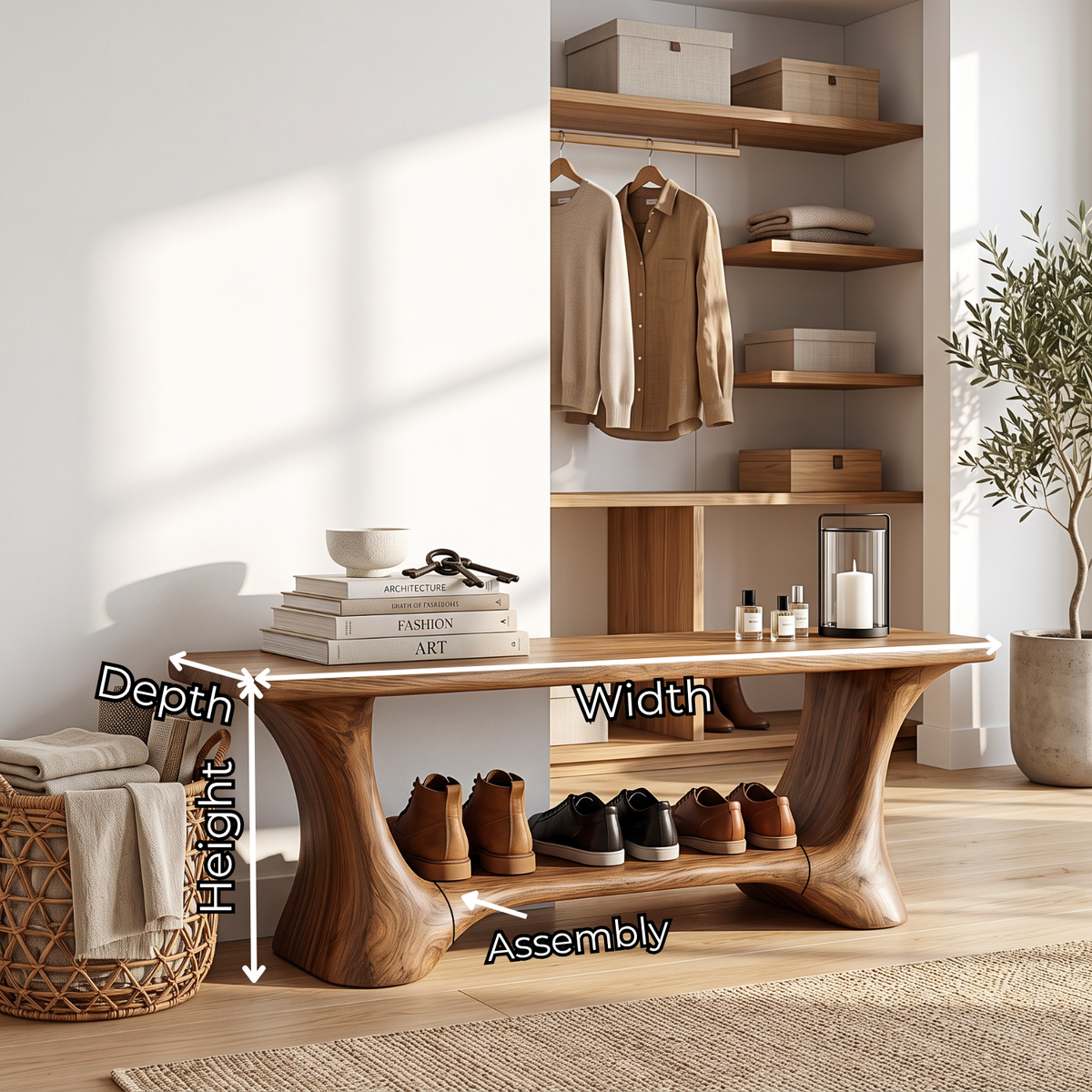 Handcrafted Solid Wood Shoe Bench with Open Storage Shelf