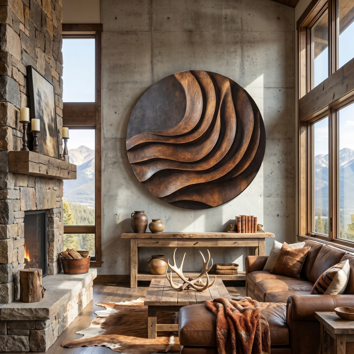 Handcrafted Solid Wood Wall Sculpture with Layered Curved Relief and Round Statement Form