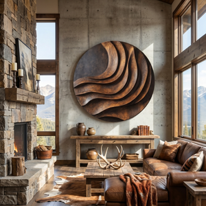 Handcrafted Solid Wood Wall Sculpture with Layered Curved Relief and Round Statement Form