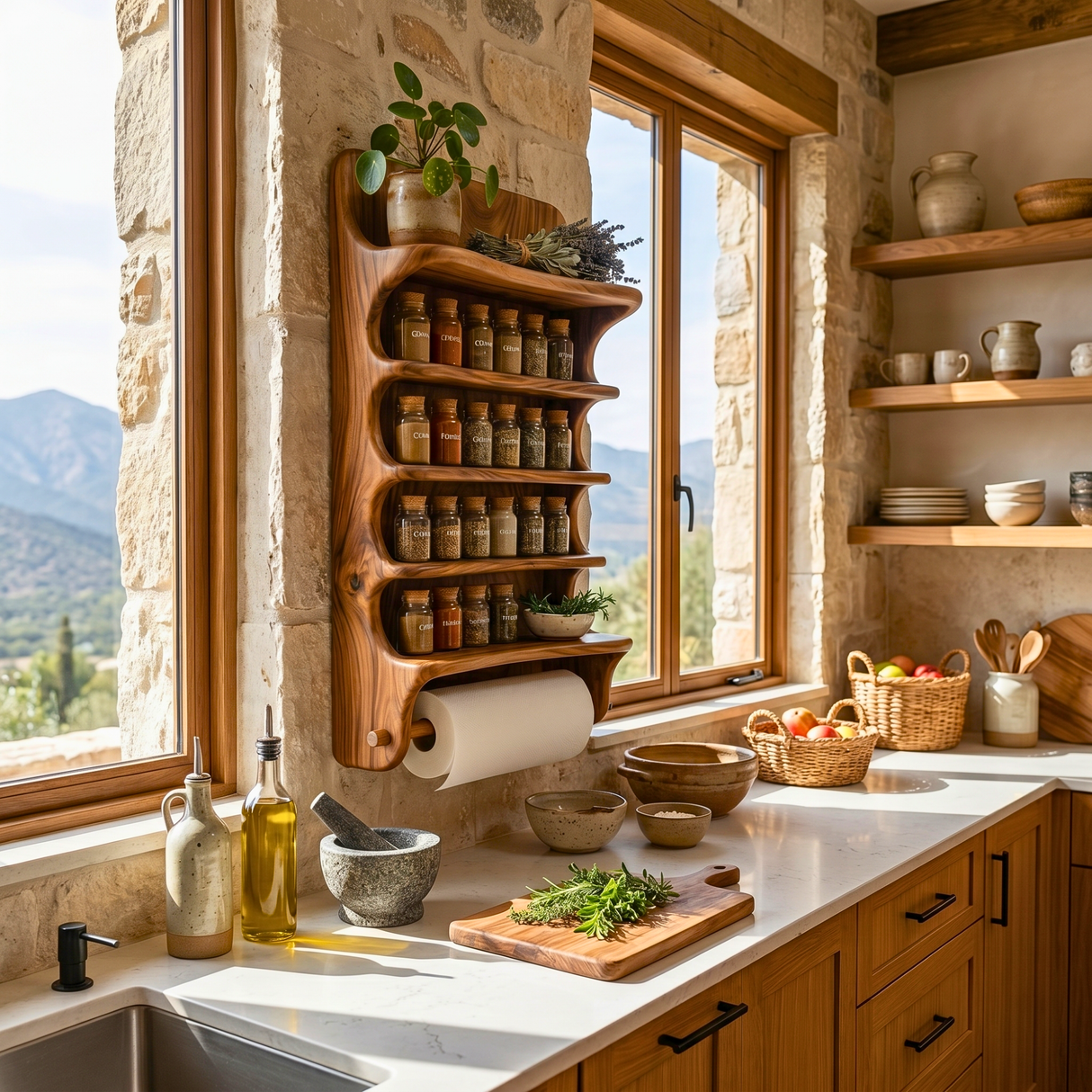 Solid Wood Wall Mounted Spice Organizer with Curved Shelves and Paper Towel Bar