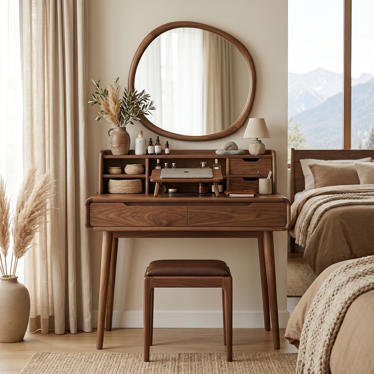 Solid Wood Vanity Table with Organizer Hutch, Drawer Storage, and Tapered Legs