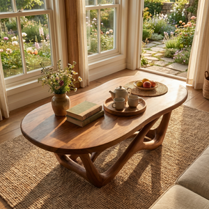 Cottage Solid Wood Coffee Table with Sculpted Open Base and Rounded Rectangular Top