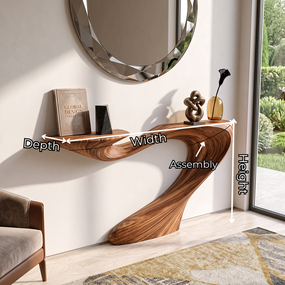 Solid Wood Console Table with Sculptural Sweeping Curve Base for Entryway Decor