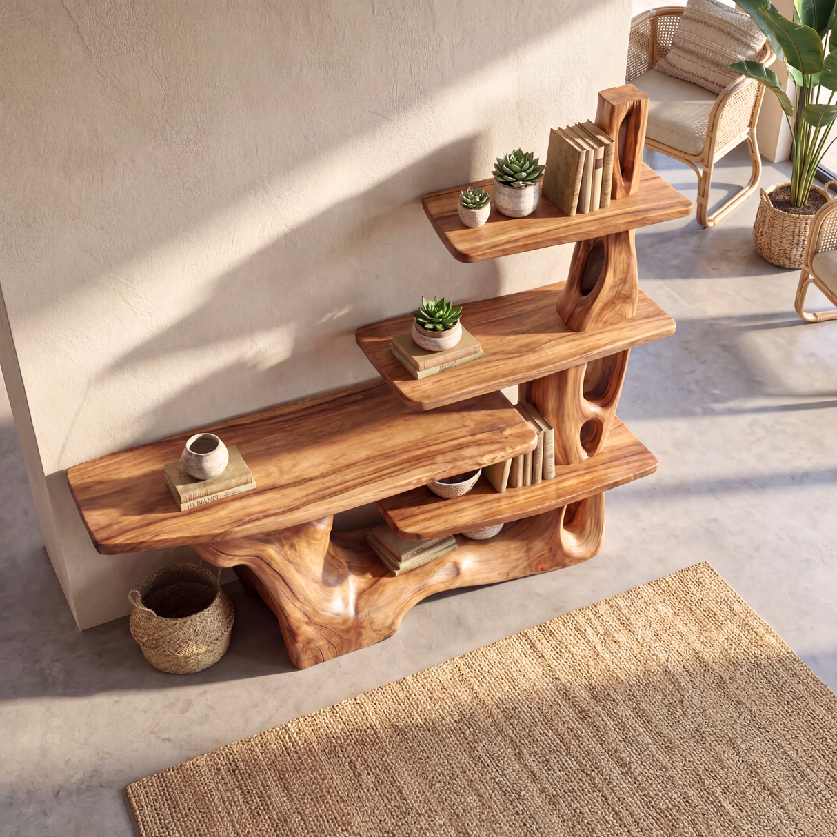 Sculptural Solid Wood Console Table with Tiered Shelving Organic Entryway Table