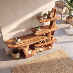Sculptural Solid Wood Console Table with Tiered Shelving Organic Entryway Table