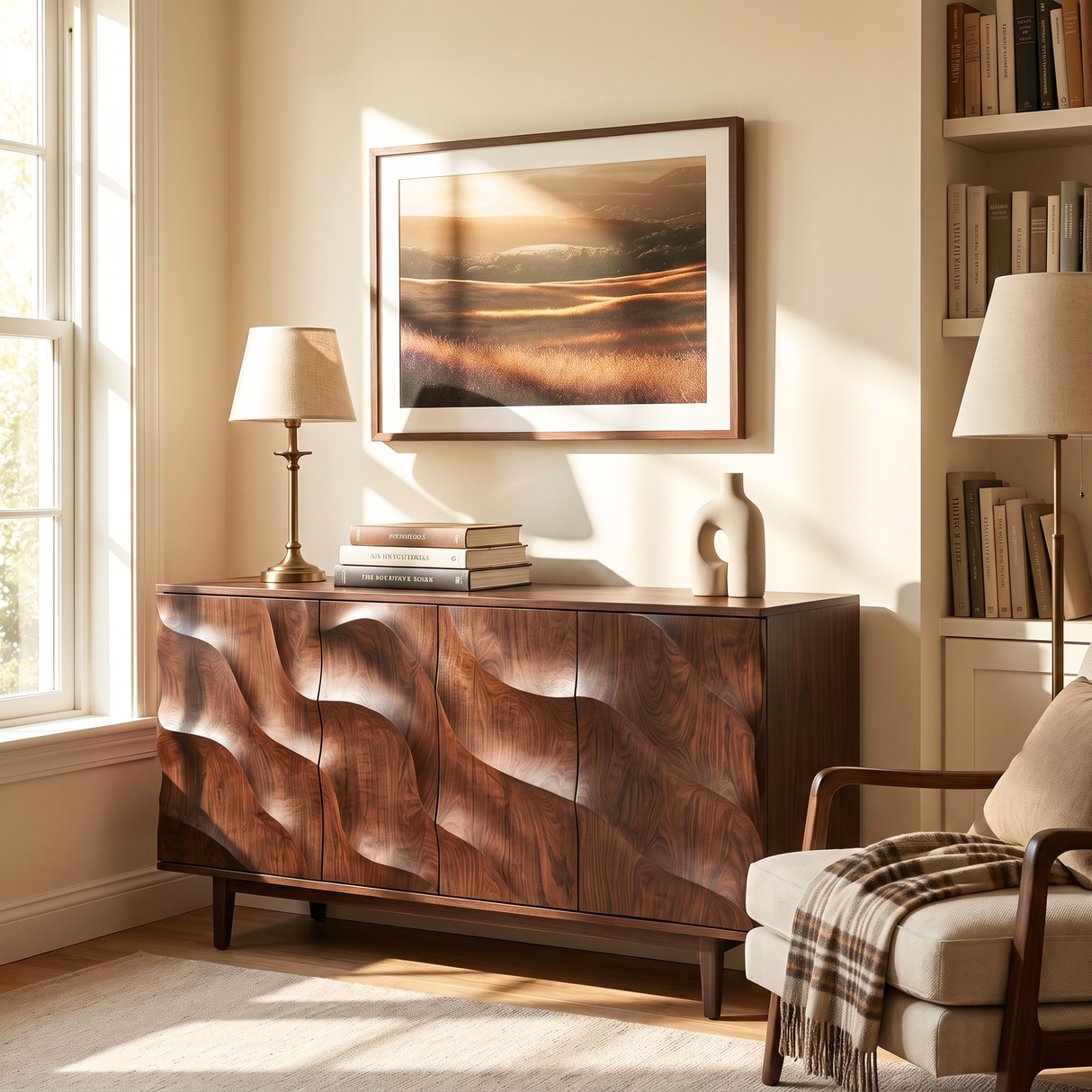 Sideboard Solid Wood with Sculptural Cascade Relief Doors for Living Room Decor