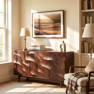 Sideboard Solid Wood with Sculptural Cascade Relief Doors for Living Room Decor
