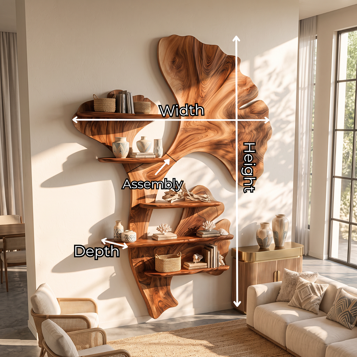 Ginkgo Leaf Solid Wood Wall Shelf with Sculptural Botanical Design