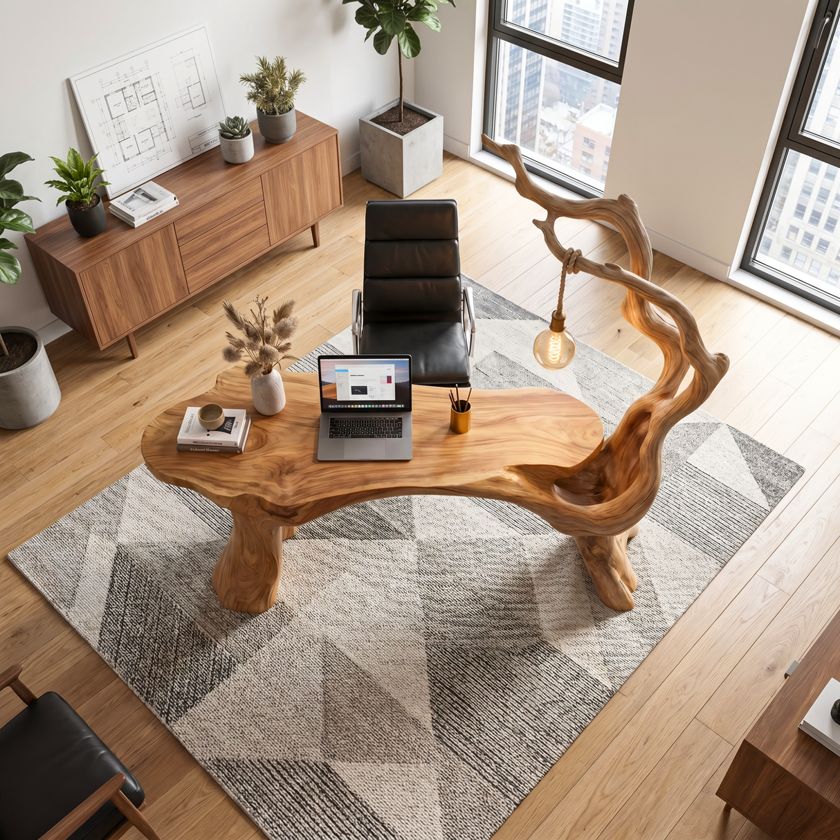 Handmade Solid Wood Sculptural Desk With Hanging Lamp Organic Modern Artistic Workspace Table