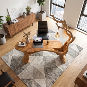Handmade Solid Wood Sculptural Desk With Hanging Lamp Organic Modern Artistic Workspace Table