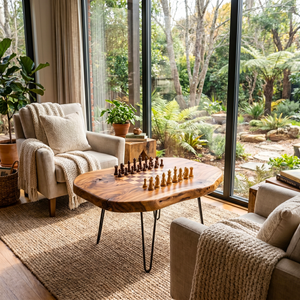 Live Edge Solid Wood Chess Coffee Table with Built In Game Board