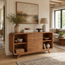 Handcrafted Solid Wood Sideboard with Three Drawers and Open Shelving