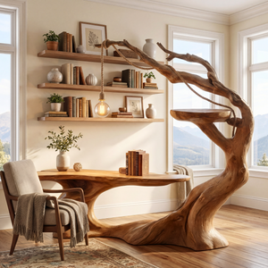 Organic Solid Wood Desk with Hanging Light Tree Inspired Writing Table Sculptural Modern Workspace