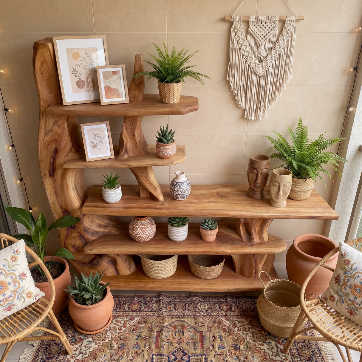 Organic Sculptural Solid Wood Console Table with Multi Tier Display Shelves Artistic Freeform Entryway Table