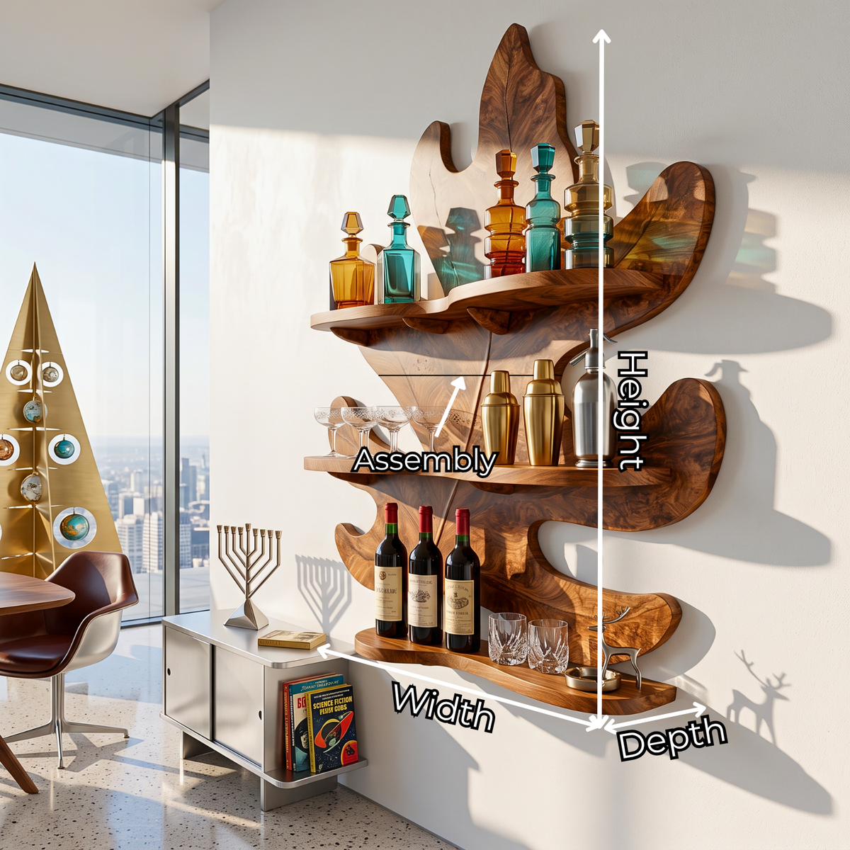 Tropical Leaf Solid Wood Wine Rack with Sculptural Wall Shelves