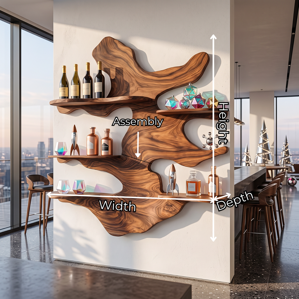 Sculptural Solid Wood Wall Wine Rack with Five Offset Display Shelves