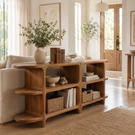 Handcrafted Solid Wood Organic Open Shelf Sideboard Console with Sculptural Curved Frame