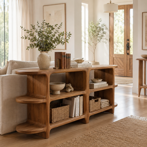 Handcrafted Solid Wood Organic Open Shelf Sideboard Console with Sculptural Curved Frame