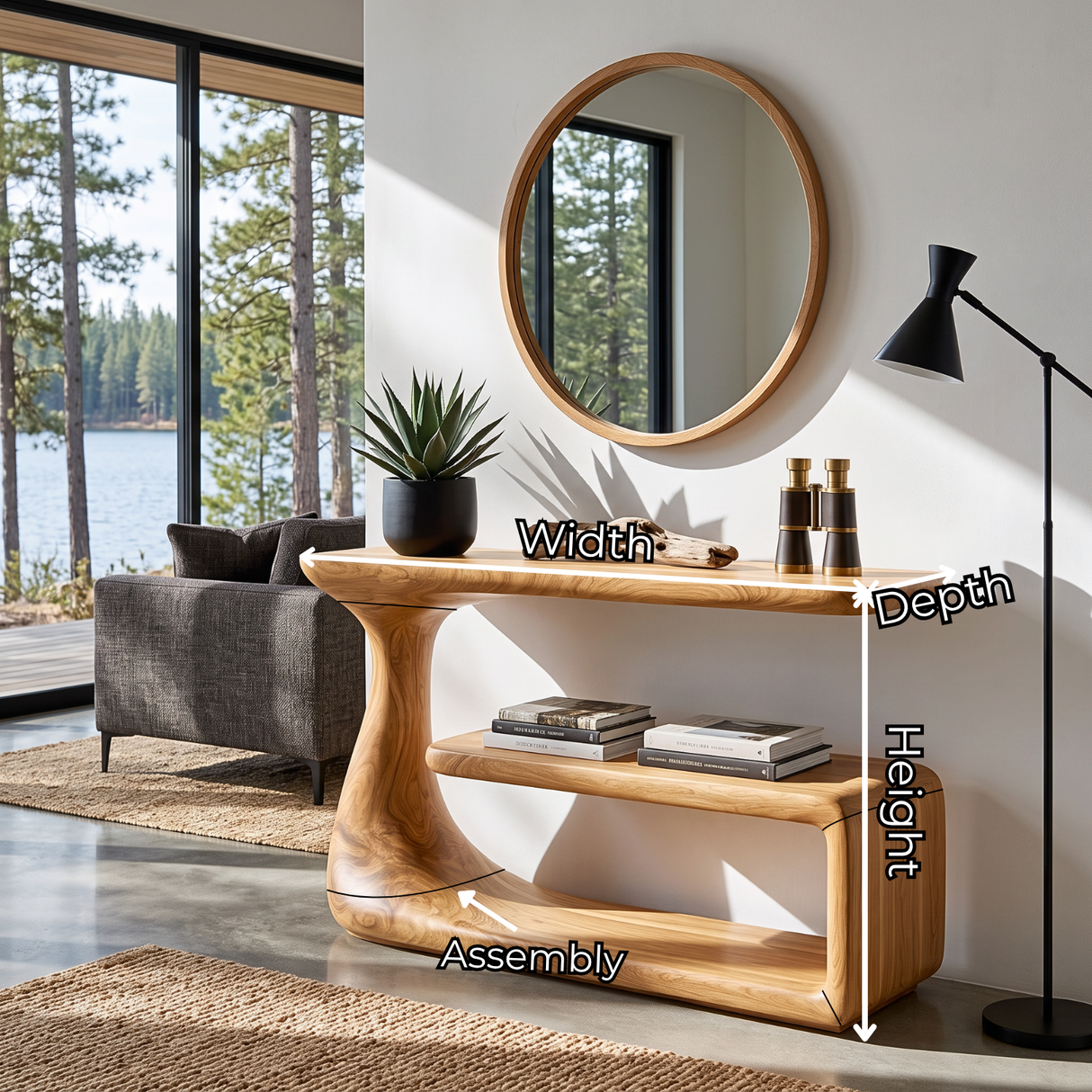 Console Table with Organic Curved Frame and Open Display Shelf
