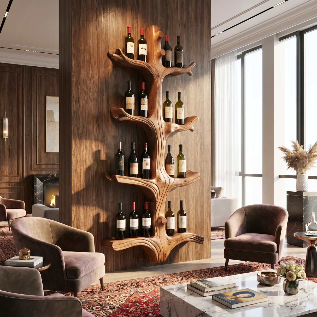Organic Tree Wine Rack Handmade Solid Wood Wall Mounted Wine Bottle Holder