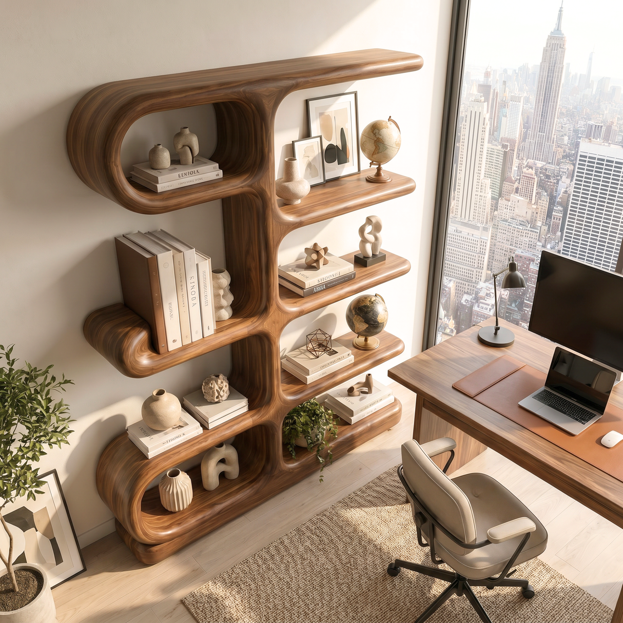 Organic Modern Wooden Bookshelf Sculptural Wall Display Shelf