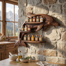 Sculptural Solid Wood Dolphin Spice Shelf with Staggered Wall Storage