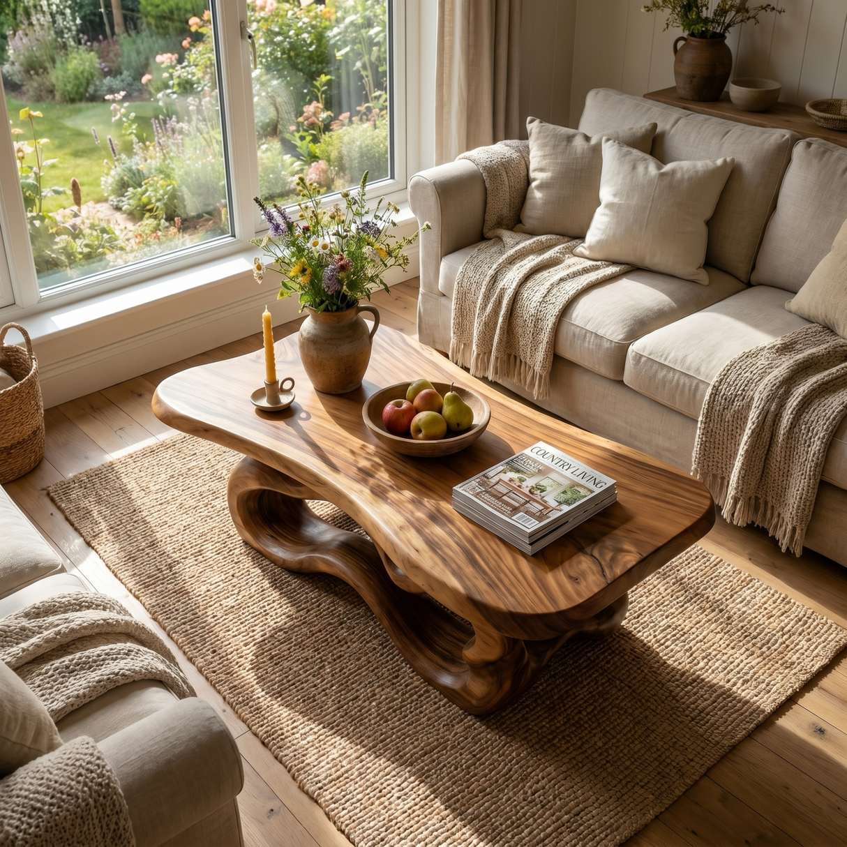 Artisan Solid Wood Coffee Table with Fluid Loop Base and Soft Edge Slab Top