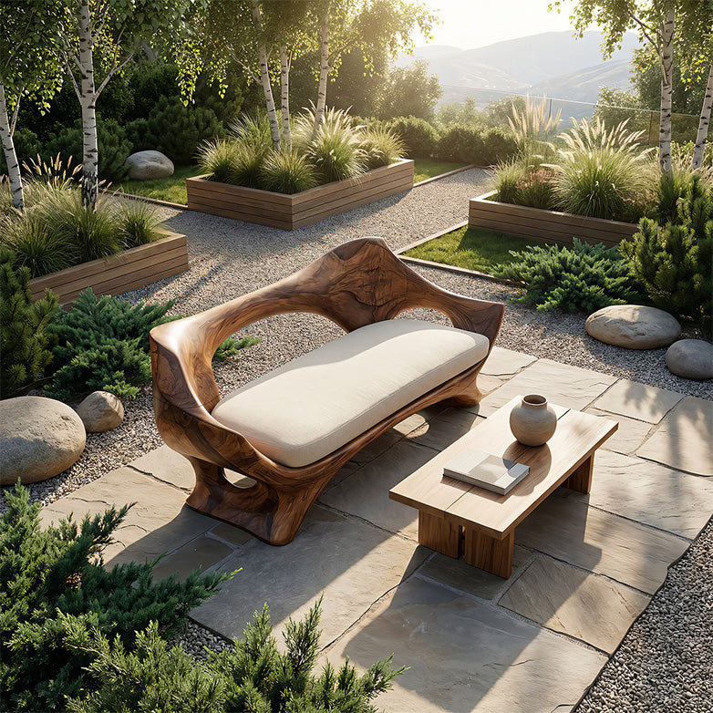 Organic Sculptural Solid Wood Bench with Cushion Handcrafted Modern Artistic Seating