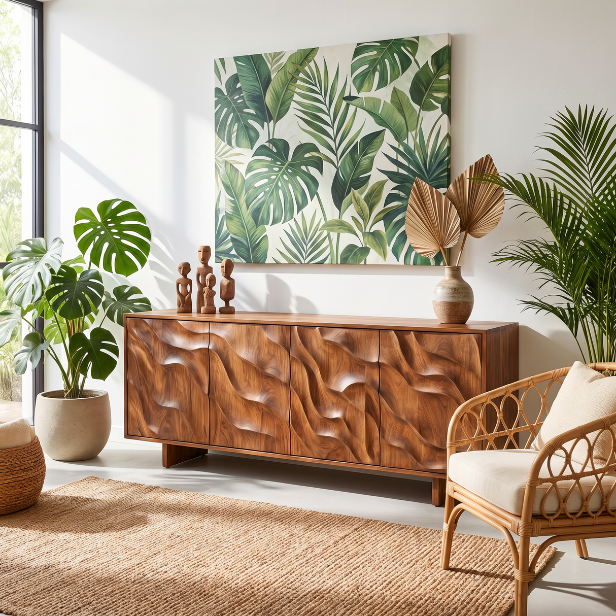 Sideboard Solid Wood with Sculptural Layered Wave Doors