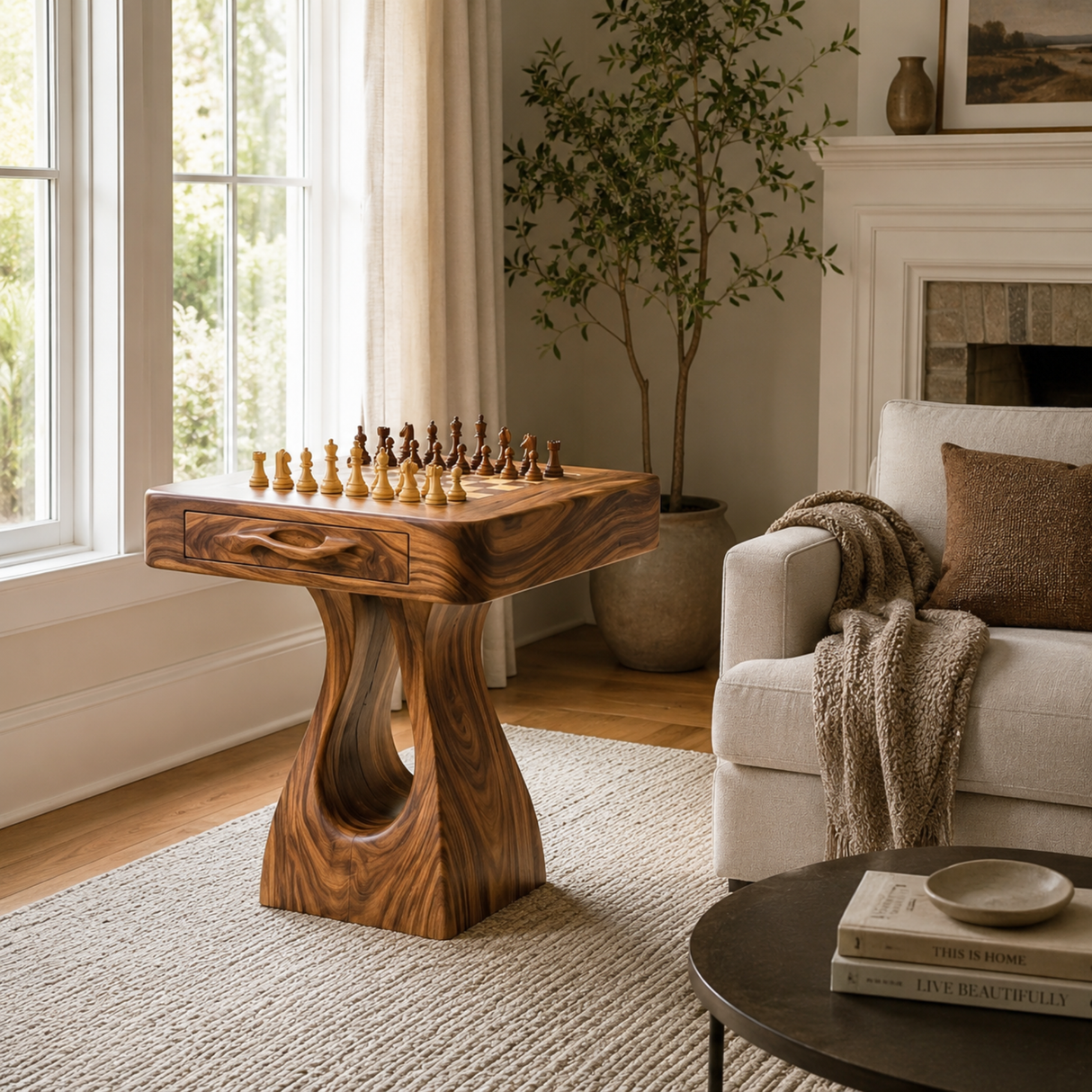 Handcrafted Solid Wood Chess Table with Storage Drawer and Sculptural Pedestal Base