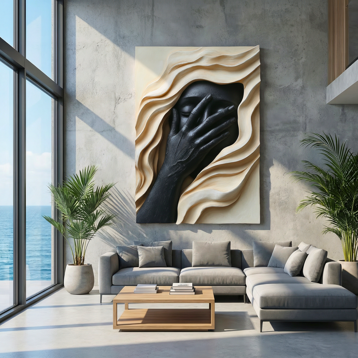 Handcrafted Solid Wood Face Wall Sculpture with Black Relief Hand and Flowing Layers