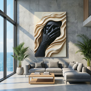 Handcrafted Solid Wood Face Wall Sculpture with Black Relief Hand and Flowing Layers