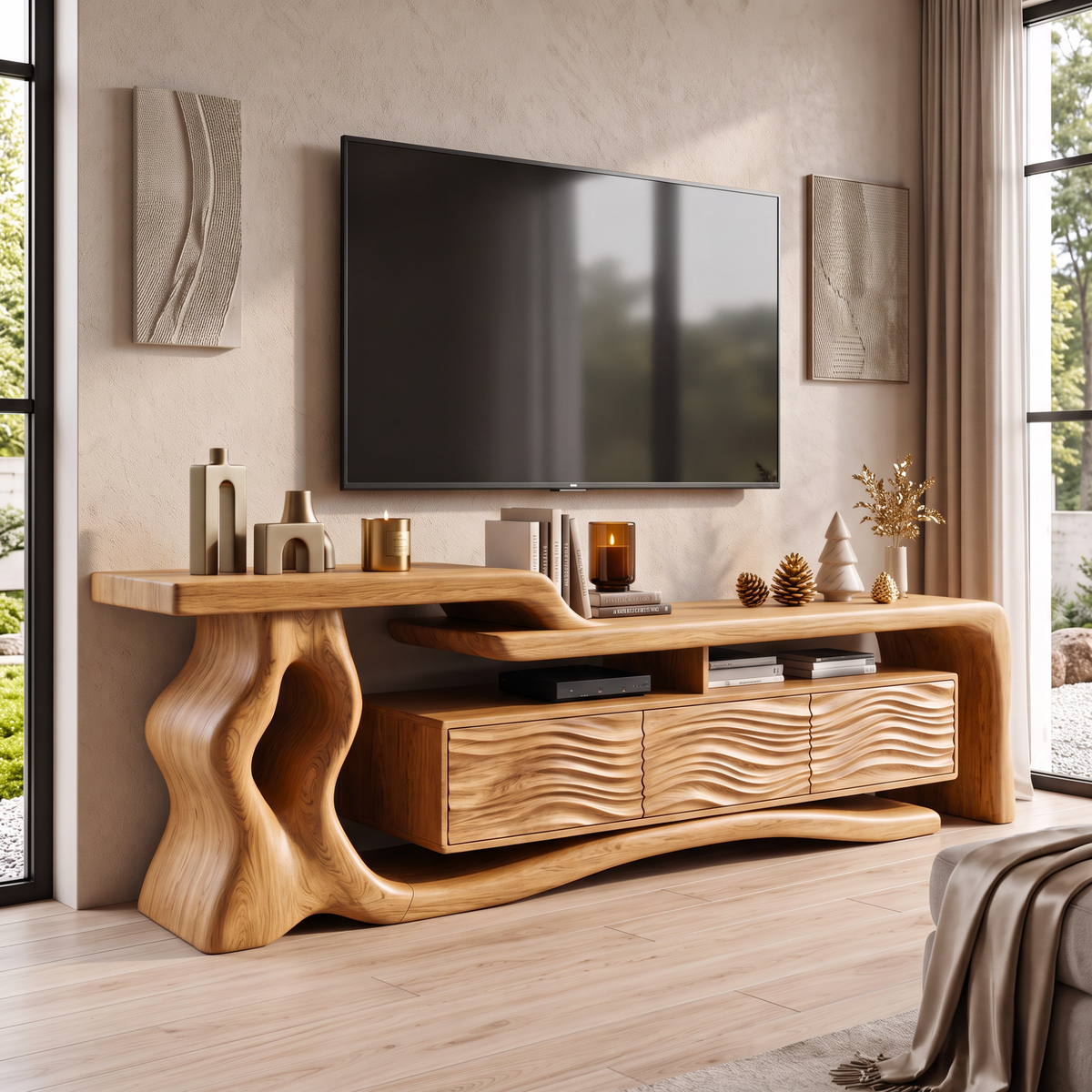 TV Stand with Sculptural Tree Root Frame and Wave Carved Cabinet Doors
