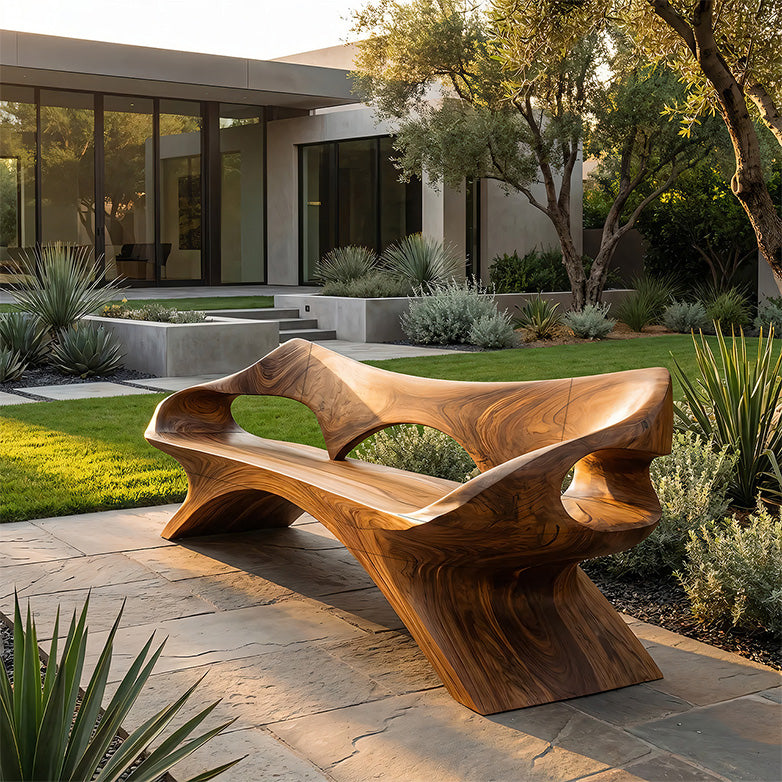 Organic Sculptural Solid Wood Bench Handcrafted Modern Art Bench