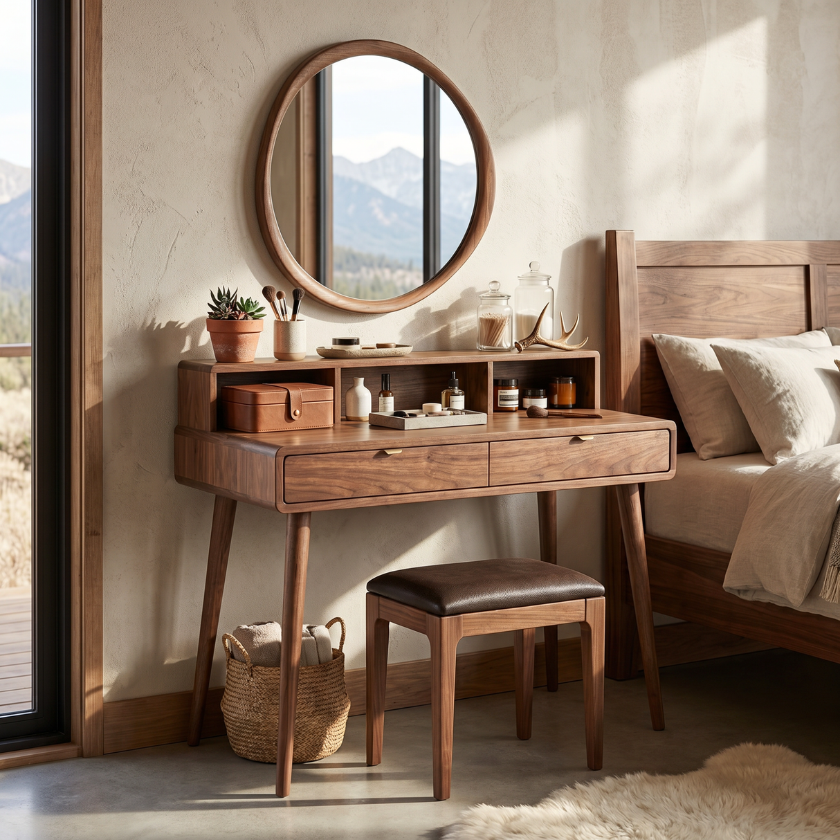Mid-Century Solid Wood Vanity Desk with Open Hutch Shelf and Dual Drawer Storage