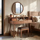 Mid-Century Solid Wood Vanity Desk with Open Hutch Shelf and Dual Drawer Storage