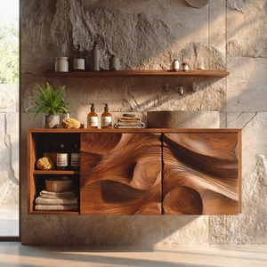 Abstract Carved Wood Bathroom Vanity Cabinet with Organic Relief Front
