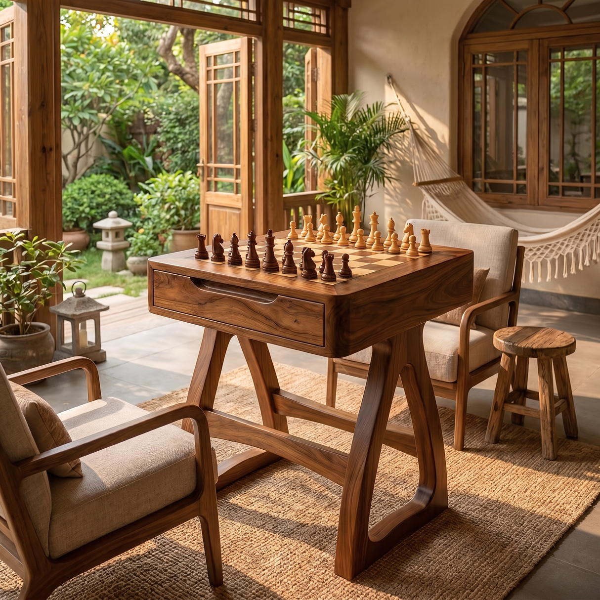 Handcrafted Solid Wood Chess Table with Storage Drawer and Sculptural Base