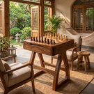 Handcrafted Solid Wood Chess Table with Storage Drawer and Sculptural Base